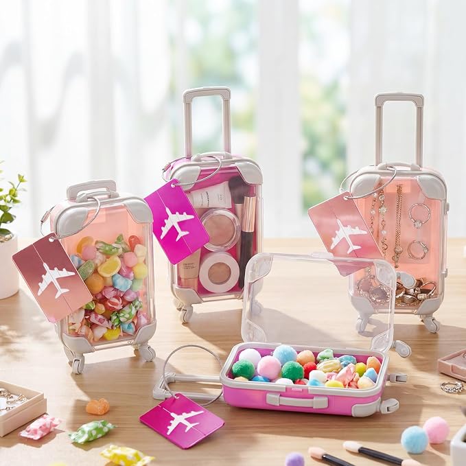 Teecyhooo 12 Pcs Mini Suitcase Party Favor Boxes and 12 Pcs Metal Luggage Tags with Card, Clear Mini Luggage Gift Boxes for Girls Wedding Travel Birthdays (6.69 x 3.74 x 1.97 Inch,Pink,Rose Red)