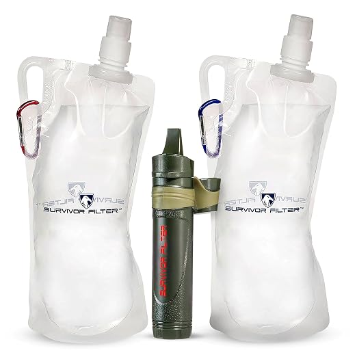Survivor Filter Squeeze Kit – Emergency Water Filter Straw with 2 Collapsible 33.8 fl oz Bottles – USA-Tested – 0.05 Micron Filtration – Portable Water Filtration for Emergency Prep, Camping & Hiking