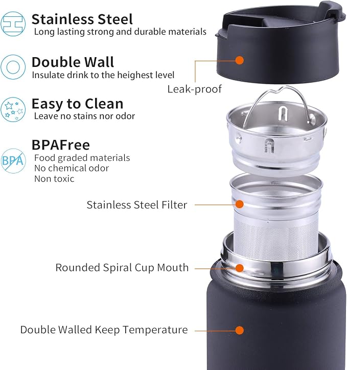 Sivaphe Tea Infuser Bottle With Removable Loose Leaf Tea Strainer Cup 18/8 Stainless Steel Portable Insulated Travel Tea Tumbler Black