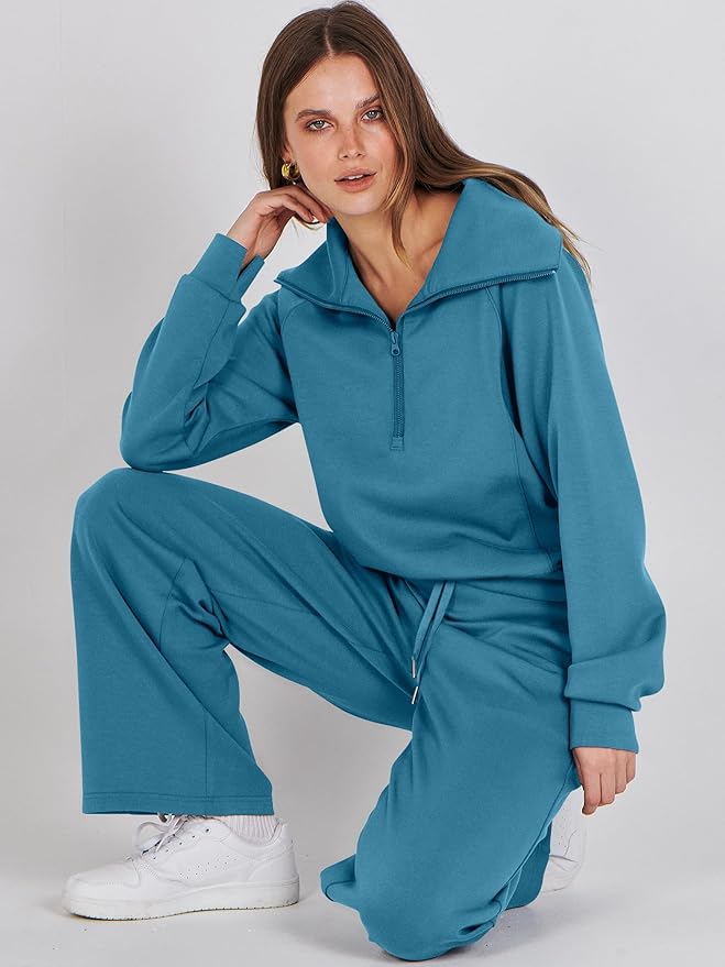 ANRABESS Women’s 2 Piece Outfits Half Zip Sweatshirt & Wide Leg Pants Airport Travel Lounge Matching Sets Sweatsuits Clothing