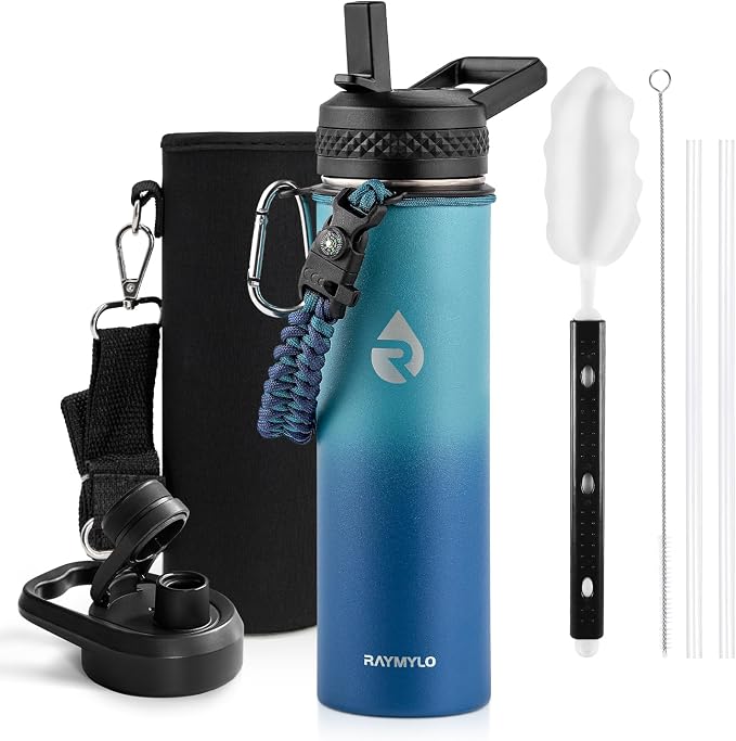 RAYMYLO Insulated Water Bottle 20 oz, Triple Wall Vacuum Stainless Steel (Cold for 24Hrs, Hot for 12Hrs), Leak Proof & Non-BPA, Modern Water Bottle Jug for School with Straw Spout Lids