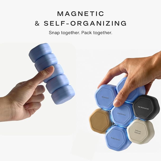 Cadence Travel Containers - 2 Piece Haircare Set - Magnetic Travel Capsules - For Shampoo, Conditioner, Hair Styling Product - 1 Small & 1 Medium Capsule - Shampoo & Conditioner Labels - Evergreen