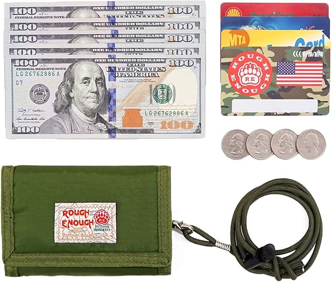 Rough Enough Kids Wallet for Boys Teens with Neck Lanyard Keychain Zipper Coin Pocket Card Holder Army Green Soft Nylon
