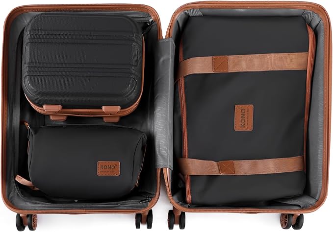 Kono Luggage Set 4 Piece Expandable Carry On Hardside Luggage with TSA Lock Spinner Wheels Lightweight PC+ABS Carry On Suitcase Apricot Black
