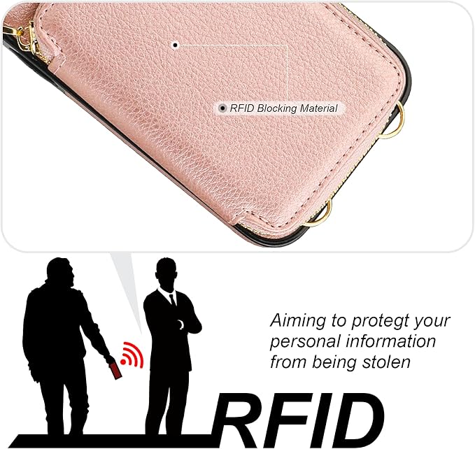 Bocasal RFID Blocking Wallet Case for iPhone 17 Pro Max, Adjustable Crossbody Zipper Purse Case Card Holder with Kickstand Detachable Wrist Strap, PU Leather Flip Folio Case 6.9 Inch 5G (Rose Gold)