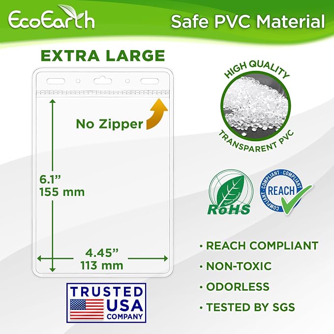 EcoEarth Passport & Identification Card Holders with Soft Edge (Clear, 4x6 Inch, 50 Pack), Extra Large Vertical ID Holder, Zipperless Plastic Name Badge Holders
