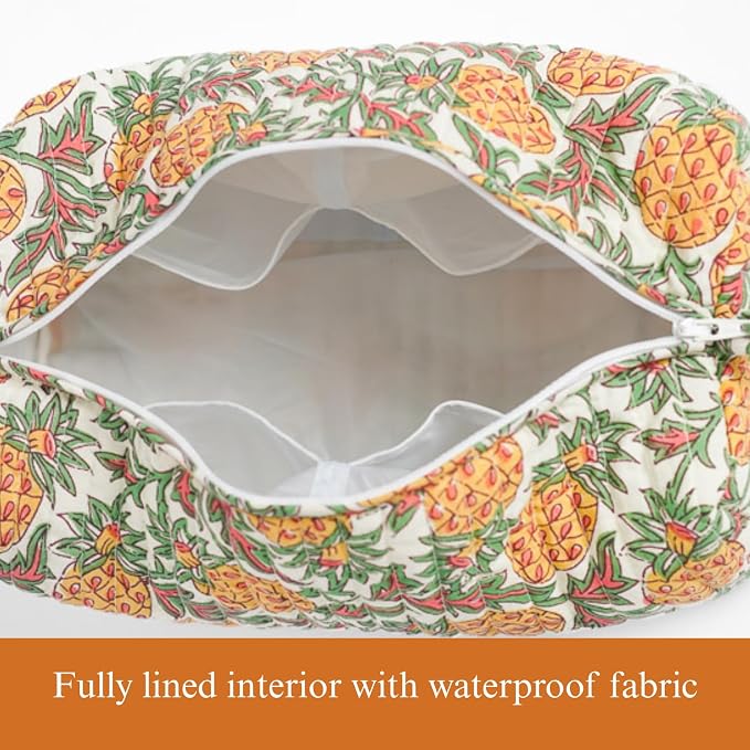 Saffron Marigold Quilted Makeup Bag Set of 3, Hand Block Printed Cotton Cosmetic Bags for Women, Waterproof Lined Travel Toiletry Bag, Coquette Aesthetic, Handmade Gift, Pineapple Grove