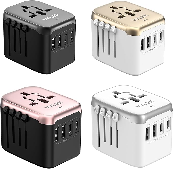 VYLEE Universal International Power Travel Plug Adapter, 5 in 1 European Travel Plug Adapter W/ 3.5A 2xUSB-A and 2xUSB C Wall Charger and Worldwide AC Outlet