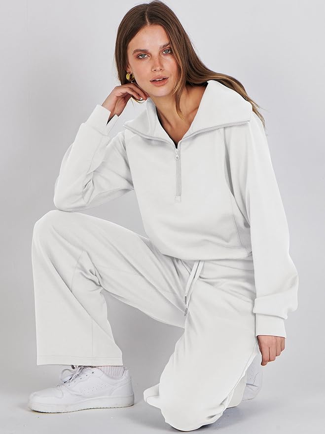 ANRABESS Women’s 2 Piece Outfits Half Zip Sweatshirt & Wide Leg Pants Airport Travel Lounge Matching Sets Sweatsuits Clothing