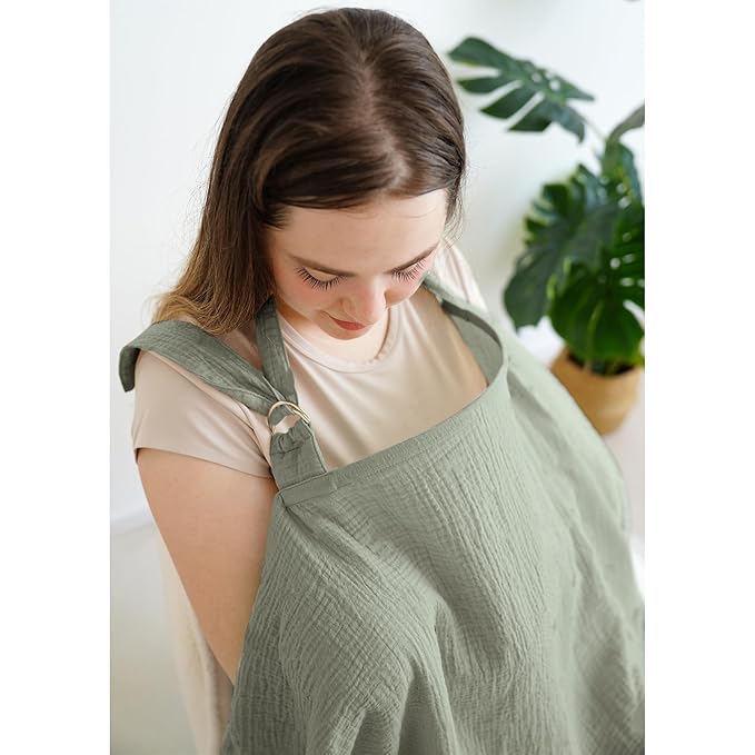 MairMore Muslin Nursing Covers for Breastfeeding, Privacy Breast Feeding Cover with Arch Neckline for Mom and Baby, Breathable 100% Cotton Nursing Apron Multi-use Stroller Cover
