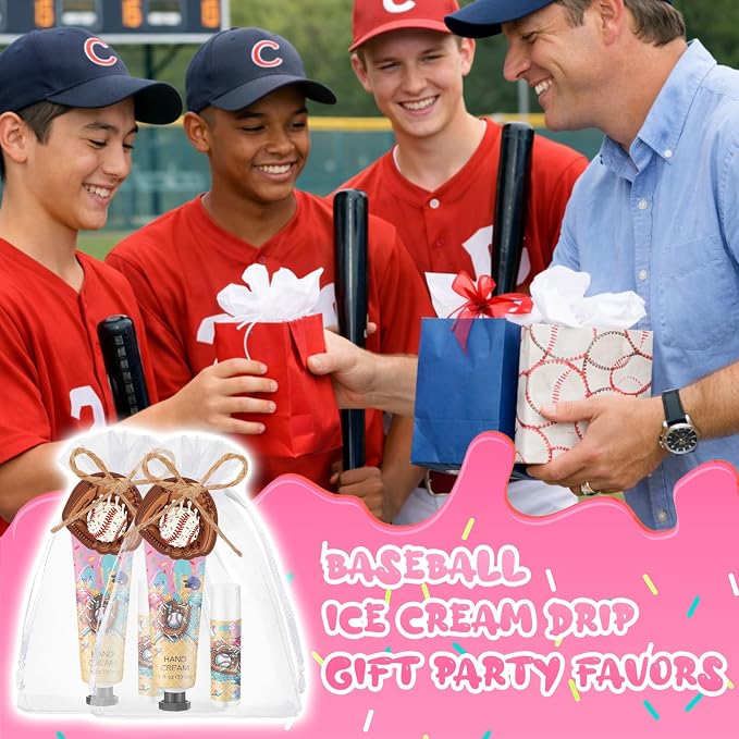 Lounsweer 24 Sets Ice Cream Drip Baseball Hand Cream and Lip Balm Gift Baseball Party Favors Goodie Bag Stuffers Team Gifts Birthday Party Favors for Teen Adults