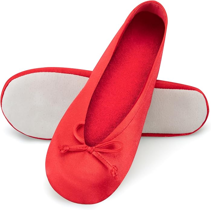 Isotoner Women's Satin Ballerina Slippers with Classic Ribbon Bow and Suede Sole