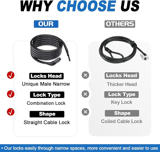 Long Cable Lock, Extra Long Straight Bike Lock (5ft to 25ft) with Resettable Combination, Kayak Locks, Unique Thin end Cable Locks Suitable Kayak, Scooter, Paddle Boards, Canoe, Jet Ski