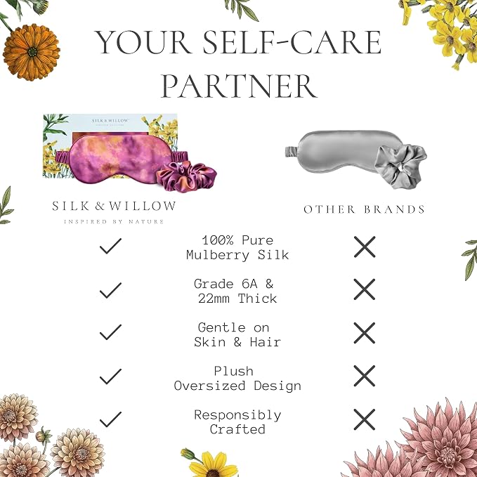 SILK & WILLOW - Botanical Print Pure Mulberry Silk Eye Mask & Scrunchie Gift Set, Luxurious Sleep Eye Mask & Hair Accessory Bundle, Durable Nature-Considerate Wellness Gifts for Women, Hot Peony