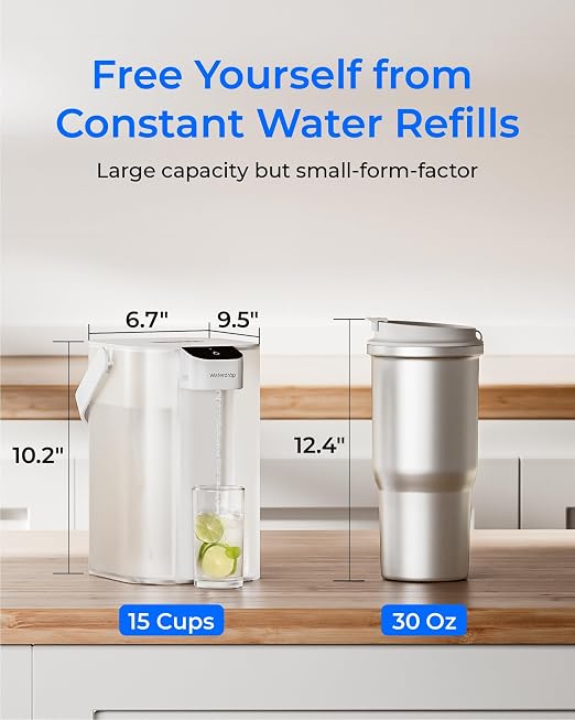 Waterdrop ED01W Electric Water Filter Pitcher, Reduce 99.6% of Lead and 45+ Impurities, 15-Cup 200-Gallon Capacity, Rechargeable Instant Dispenser, NSF/ANSI 42&53&401&372, Does not Lower TDS, White