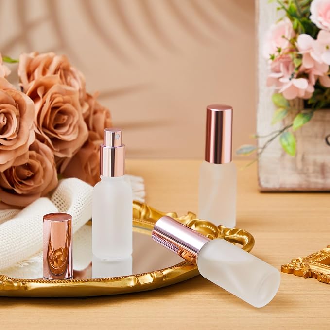 Roshtia 30 Pcs Glass Spray Bottle Clear Empty Bottles Small Refillable Reusable Perfume Bottle with Fine Mist Sprayer Pump for Face Body Travel(1 oz,Rose Gold)