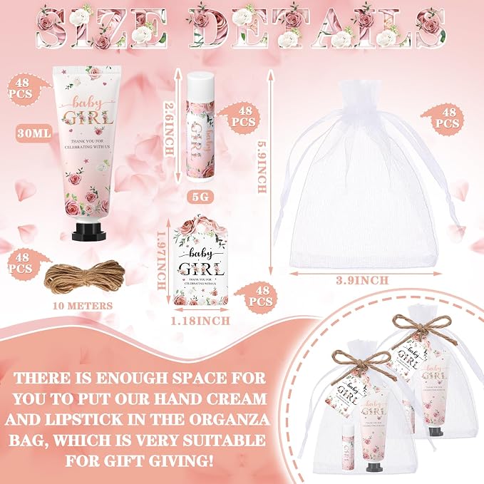 48 Sets/192 Pcs Girls Baby Shower Favors for Guests Pink Floral Hand Cream and Lip Balm Bulk Baby Girl Shower Party Thank You Gifts for Guests Travel Size Gender Reveal Game Winners Prizes