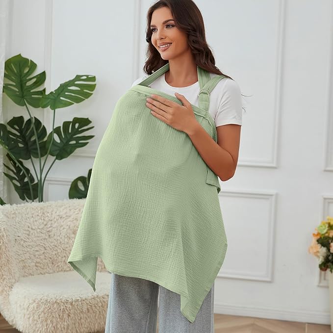 Muslin Nursing Cover for Baby Breastfeeding, Breathable 100% Cotton Breastfeeding Cover with Rigid Hoop for Mother Nursing Apron (Sage Green)
