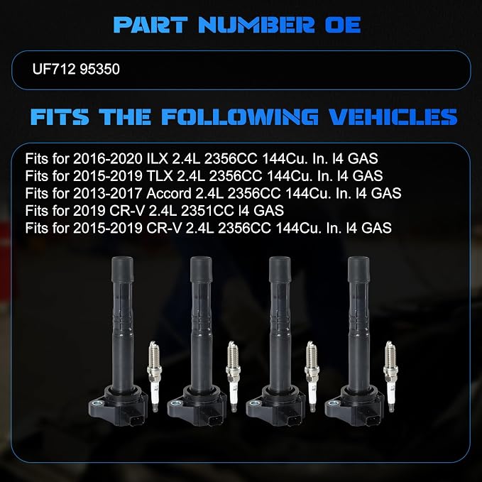 4PCS UF712 Ignition Coils + 4PCS 95350 Iridium Spark Plugs Ignition Coils Pack Fits for 2013-2017 Accord, 2015-2019 CR-V, 2016-2020 ILX, 2015-2020 TLX 2.4L, Coil Pack Set Aftermarket Parts
