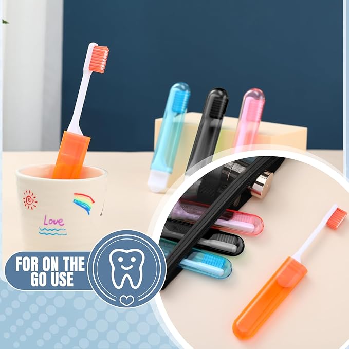 Patelai 4 Pieces Travel Toothbrush Set, Travel Size Toiletries, Soft Bristle Mini Foldable Tooth Brush with Case, Individually Wrapped Small Portable Toothbrush for Camping Home (Warm Color)