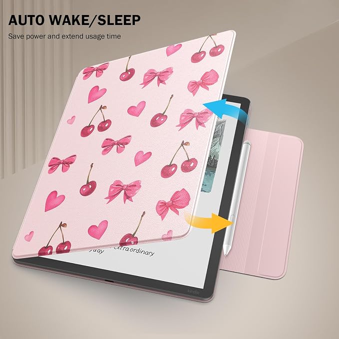 MoKo Magnetic Case for All-New 11" Kindle Scribe 2025(3rd Generation) & Kindle Scribe Colorsoft 2025(1st Generation) - Slim Folio Premium PU Leather Cover with Pen Clasp & Auto Sleep Wake, Cherry Bow