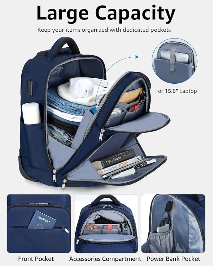 Ponhog Rolling Backpack, 30L Travel Laptop Backpack with Wheels, 15.6 Inch Personal Item Roller Luggage with USB Charging Port Flight Approved for Men Women Adults, Blue