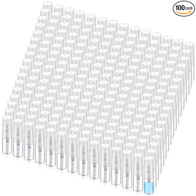 Zhehao 100 Pcs Mini Spray Bottles 2 ml Clear Glass Perfume Bottles Refillable Fine Mist Perfume Atomizer Portable Empty Sample Containers for Cleaning, Essential Oils, Travel (Clear Cap)