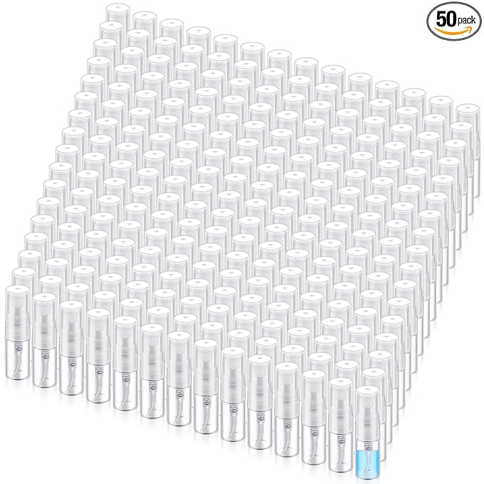 Zhehao 50 Pcs Mini Spray Bottles 2 ml Clear Glass Perfume Bottles Refillable Fine Mist Perfume Atomizer Portable Empty Sample Containers for Cleaning, Essential Oils, Travel (Clear Cap)