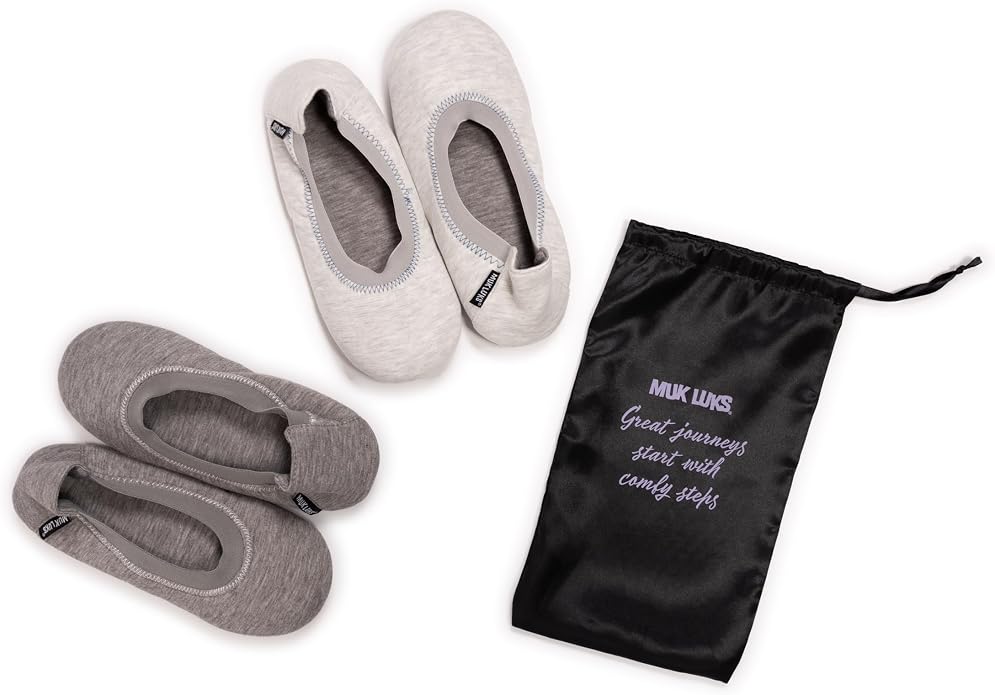 Muk Luks Women's 2 Pair Travel Ballerina Slipper Set, Grey, M (7-8)