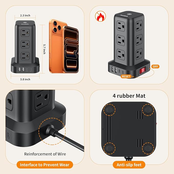 Extension Cord with Multiple Outlets, SMALLRT Surge Protector Power Strip Tower, 10FT Outlet Extender with 12 AC Outlets 4 USB, Power Strip with USB Ports for Home Office Dorm Room,Overload Protection