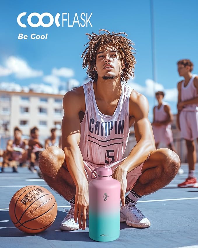 Coolflask 128 oz Gallon Water Bottle Insulated with Straw&3 Lids, Water Jug Large Stainless Steel Metal Vacuum Wide Mouth for Sports, Gym or Office, Non-BPA Keep Cold 48H Hot 24H, Bubblegum Princess