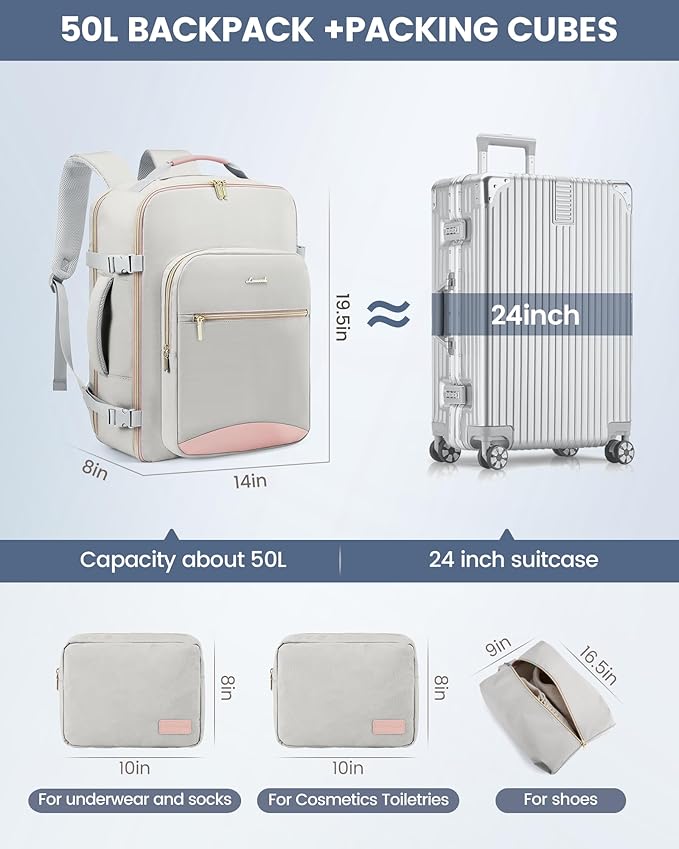 LOVEVOOK 50L Travel Backpack Flight Approved Carry on Backpack,3 Packing Cubes,Waterproof Personal Item Travel Bag,TSA Carry on Luggage Suitcase Travel Essentials,Gifts for Women & Men,fits 18" Laptop
