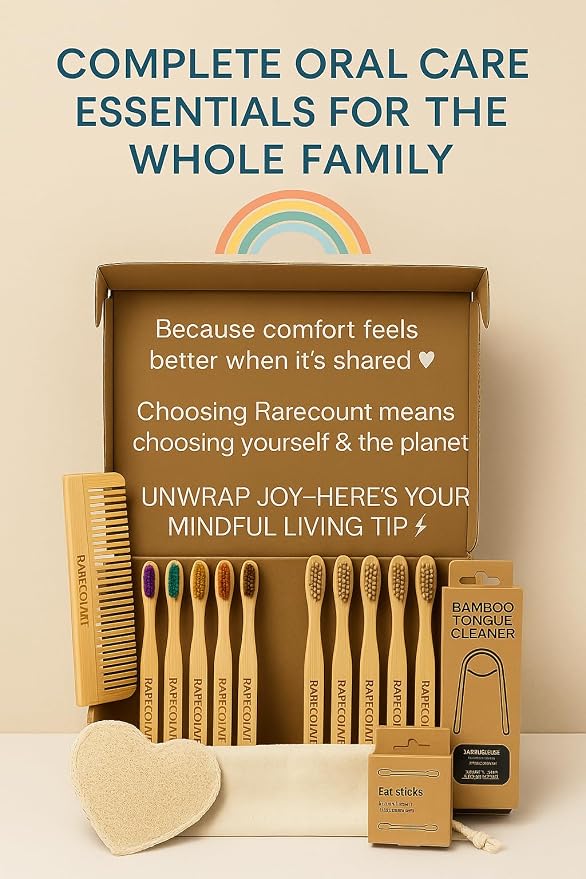 Eco Friendly Bathroom Accessories Set - Bamboo Toothbrush, Tongue Cleaner, Bath Loofah, Bamboo Cotton Buds & Wooden Comb, Zero Waste Sustainable Hygiene Kit