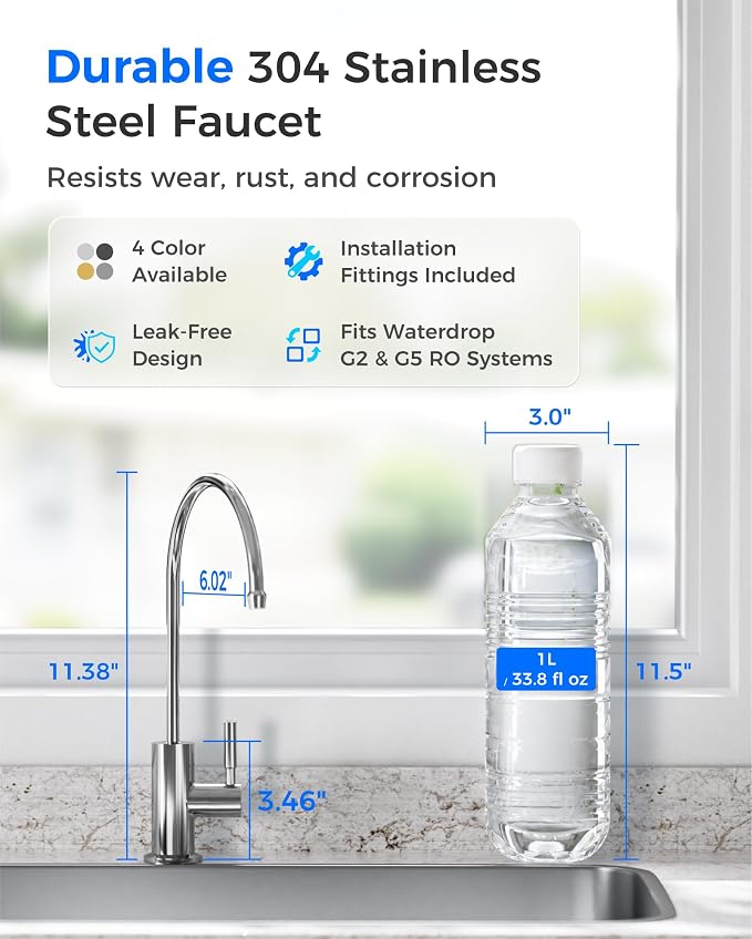 Waterdrop G2FCT-Chrome Drinking Water Faucet, Reverse Osmosis Faucet, Water Filter Faucet for Kitchen Bar Sink, Single Handle, Easy to Install, Lead-Free, Stainless Steel, Polished Chrome
