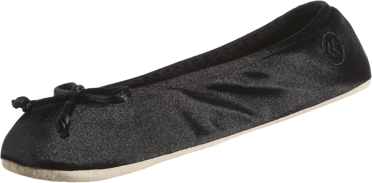 Isotoner Women's Satin Ballerina Slippers with Classic Ribbon Bow and Suede Sole
