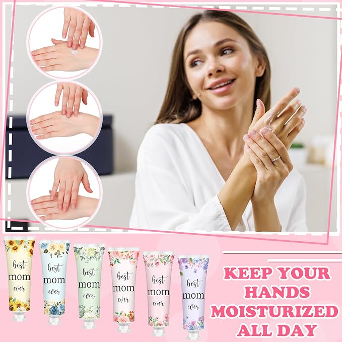 48 Sets Best Mom Ever Church Gifts Bulk for Women Birthday Gifts for Mom Hand Cream and Lip Balm Set with Organza Bag Thank You Card Mother Gift Bag Stuffers
