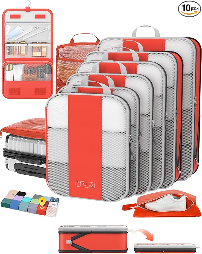 10 Set Compression Packing Cubes for Travel Essentials,Compressible Expandable Packing Cubes for Suitcase,OlarHike Luggage Garment Bags for Travel,Handy Helper for Organizing Clothes(Orange)