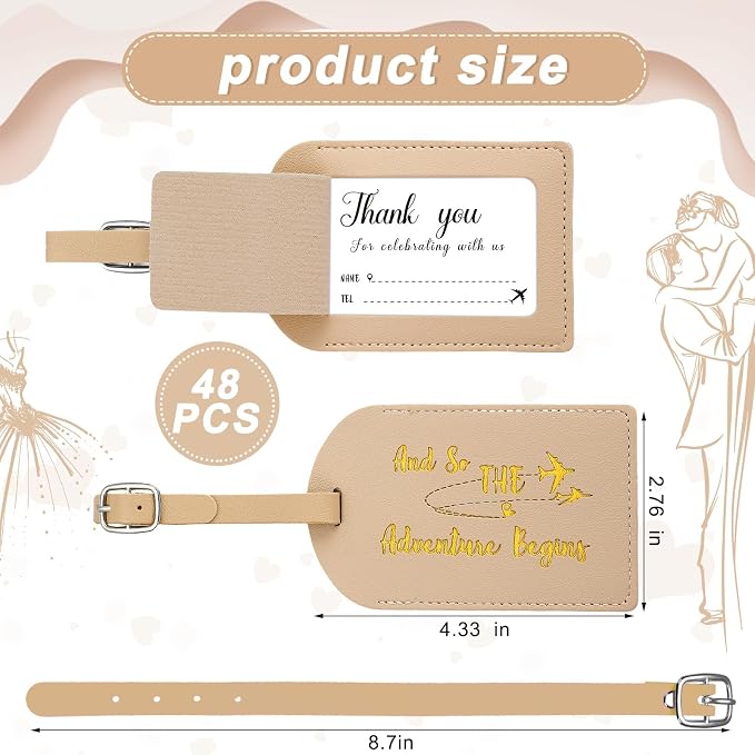 Sweetude 48 Sets Bulk Luggage Tags Wedding Favors and So The Adventure Begins Leather Luggage Tags for Suitcases with Name Card for Travel Themed Bridal Shower Graduation Party Favor(Apricot)