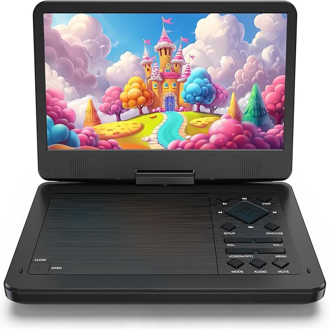 12.5" Portable DVD Player with10.1 HD IPS Screen for Kids,Car DVD Player with Headrest Mount, 360° RF Remote Control, 2 Earphone Jacks, 5h Battery, Support CD/DVD/SD Card/USB，Region Free [Black]