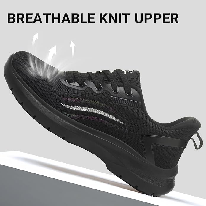 Treesky Black Non Slip Work Shoes for Women, Restaurant & Kitchen Sneakers | Slip resistant soles, lightweight cushioning, breathable knit, removable insole, for nursing, food service & long shifts