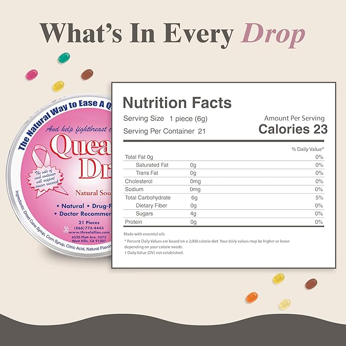 Three Lollies Queasy Drops - Sour Raspberry Flavor - Travel Sickness & Nausea Relief, Soothes Stomach & Dry Mouth, Natural Ingredients - 21 ct