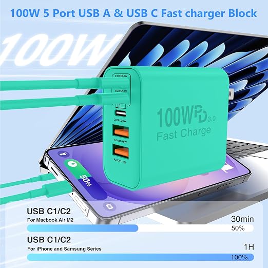 QZIIW USB C Wall Fast Charger Block, 100W 5-Port Type C Fast Charging Block 3 Pack-PD Power Charger Adapter QC 3.0 USB Multiport Charger Brick for iPhone 17 16, Samsung Series MacBook/Air, iPad, etc.