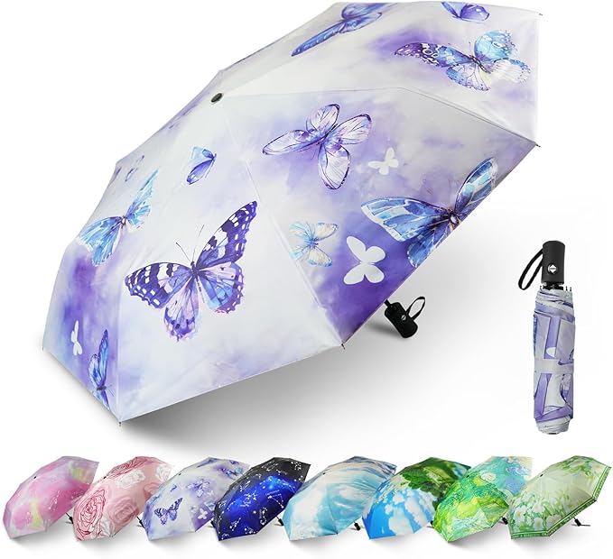 SY COMPACT Travel Umbrella - Windproof Automatic Compact Umbrella for Rain, Lightest 8-Rib, Small, Strong & Portable, Durable Grip, Fits Backpack & Car, Factory Direct (UV Available)