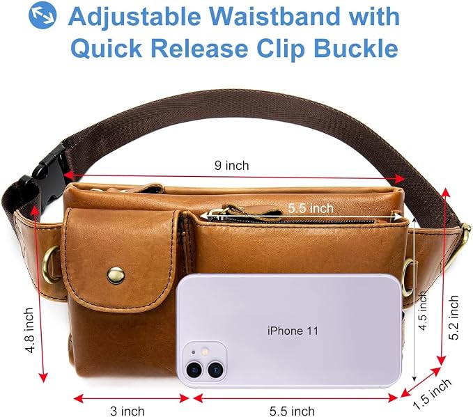 NIUCUNZH Cowhide Waist Fanny Pack-Genuine Leather and Slim with Adjustable Waistband Brown