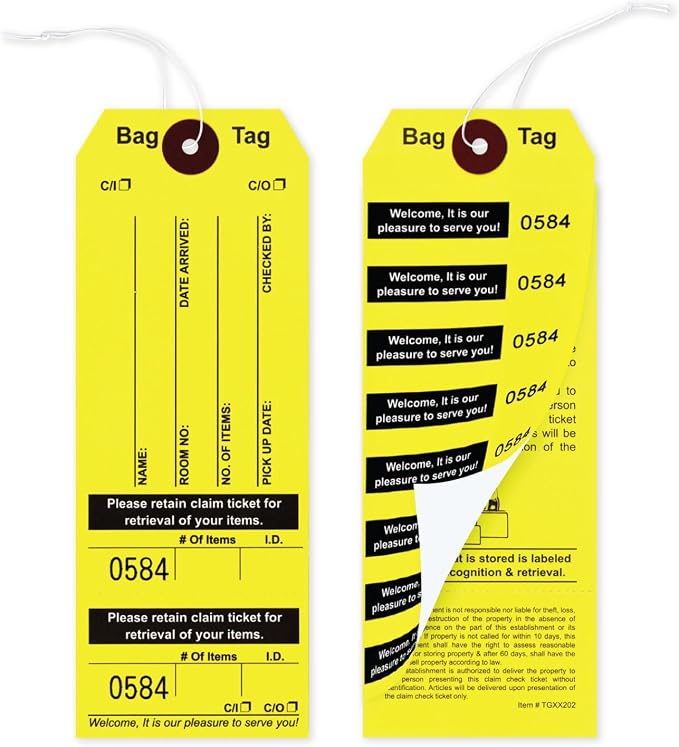1000 Luggage Claim Tags with String Attached, Consecutively Numbered, Bag Stickers, Claim Ticket - Bag Tags for Hotel and Motel Bag Storage. Size: 6 3/4" (H) x 2 1/2" (W).