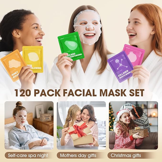 KONEUK 120 Pack Collagen Essence Sheet Face Masks Skincare, Moisturizing & Hydrating Face Mask for Skin Care, Bulk Face Masks for All Skin Types, Spa Party Gifts for Women (12 Types x 10 Pcs)