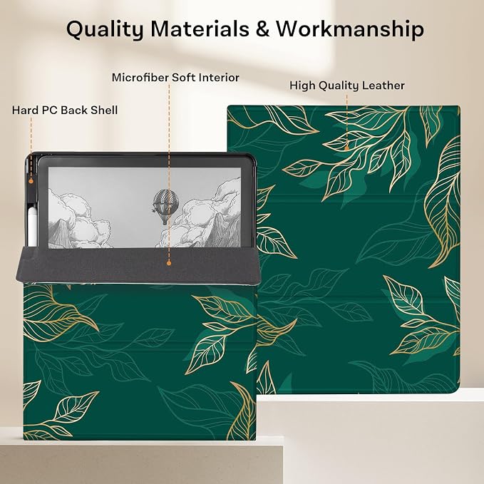 CoBak Case for 11" Kindle Scribe 3rd Generation 2025, Kindle Scribe Colorsoft with Two Viewing Angles - All New PU Leather Cover with Auto Sleep Wake, Pen Holder. Green Pattern