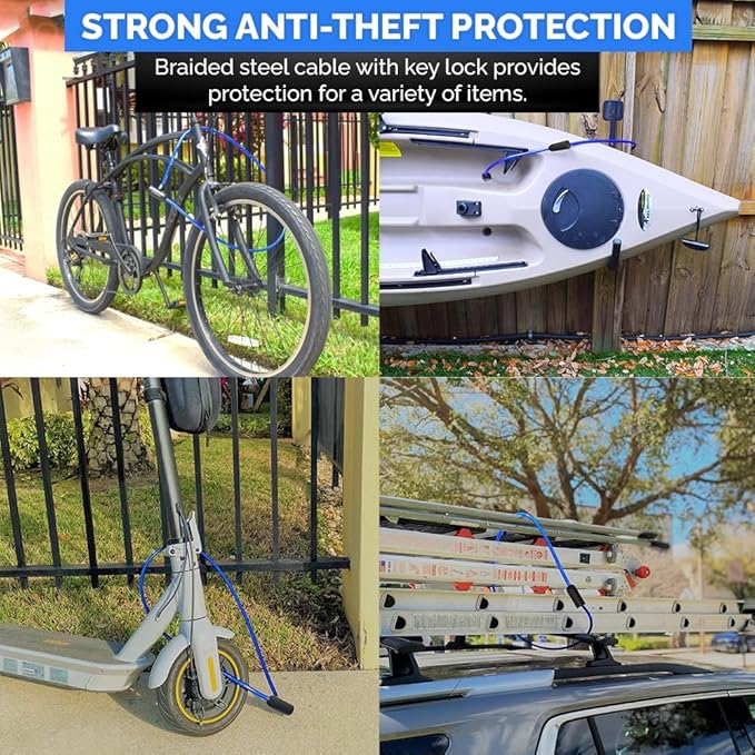 DocksLocks Weatherproof Security Cable Lock with Keys (5ft to 25ft Lengths) Anti-Theft for Kayak, Bike, Paddleboard, Scooter, Equipment, Bicycle