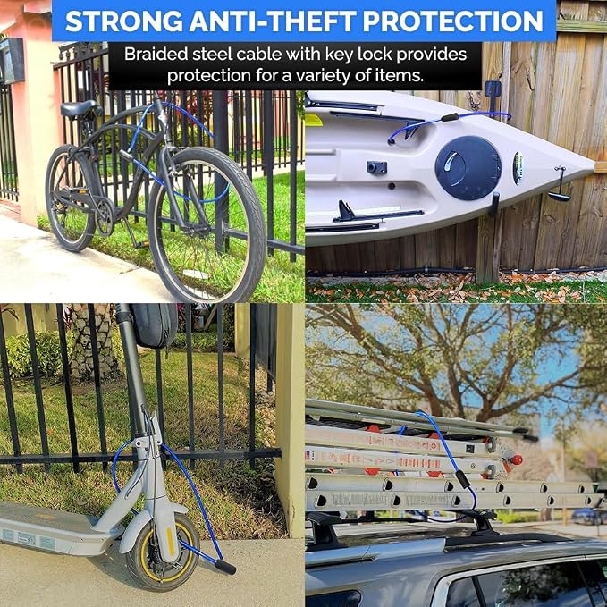 DocksLocks Weatherproof Security Cable Lock with Keys (5ft to 25ft Lengths) Anti-Theft for Kayak, Bike, Paddleboard, Scooter, Equipment, Bicycle