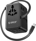 ORICO 70W Universal Travel Adapter with 2 AC Outlets and 3 USB-C and 2 USB-A Ports, Built-in Retractable USB-C Cable, Type A, C, G, I Outlets, International Travel Adapter for Global Travel